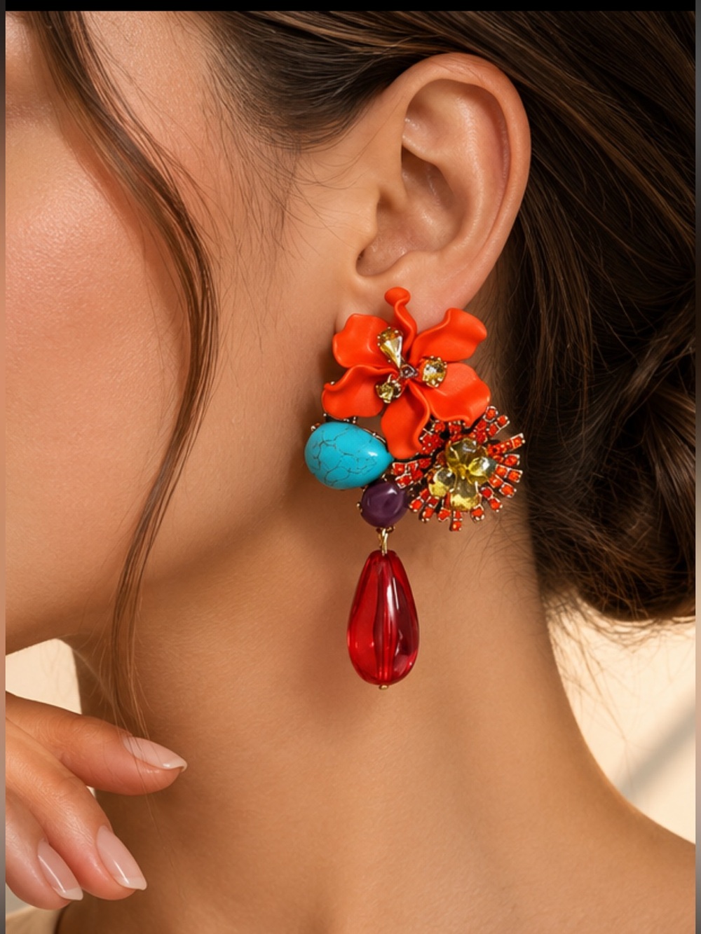 Bold Orange Floral Drop Earrings with Multicolor Gems